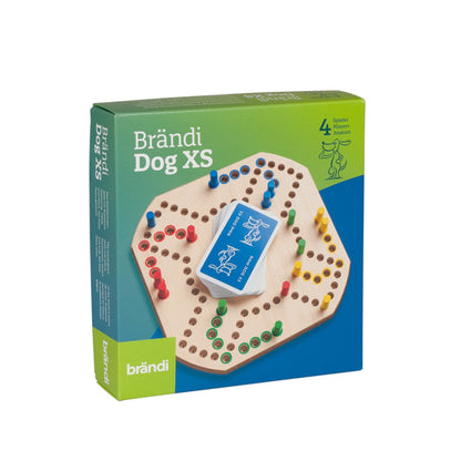 Brändi Dog XS Verpackung Vorderseite 4 Spieler - Originalverpackung Reise-Brettspiel grün-blau Ø 340mm - Swiss Quality Kompaktversion seit 1968