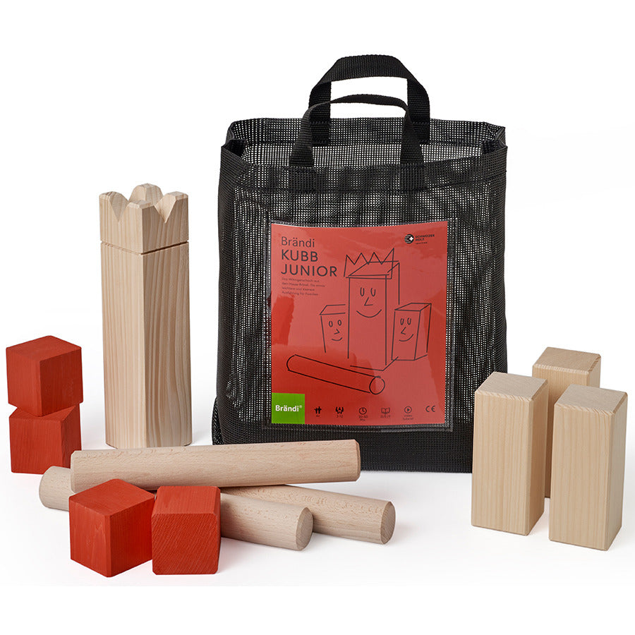 Brändi Kubb Junior Holz Spielset komplett - Wurfspiel mit König, Kubbs in rot und naturfabre, Wurfhölzern in Netztasche - Schweizer Outdoor Kinderspiel für Garten Swiss Made