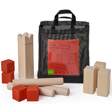 Brändi Kubb Junior Holz Spielset komplett - Wurfspiel mit König, Kubbs in rot und naturfabre, Wurfhölzern in Netztasche - Schweizer Outdoor Kinderspiel für Garten Swiss Made