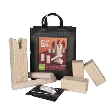 Brändi Kubb Master Holz Spielset komplett - Wikingerschach mit König, Kubbs, Wurfhölzern, Markierungsstäben und Netztasche - Schweizer Outdoor Wurfspiel für Garten und Strand Swiss Made