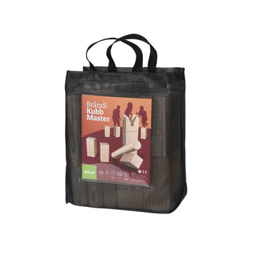 Brändi Kubb Master Transporttasche - Schwarze Netztasche mit Tragegriffen und Originalverpackung gelb - Schweizer Outdoor Wurfspiel Wikingerschach Swiss Made