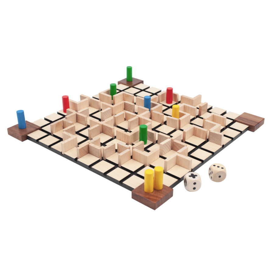 Brändi Labyria Labyrinth Brettspiel Holz - 3D Labyrinth mit bunten Spielfiguren Rot, Blau, Grün, Gelb und Würfeln für 2-4 Spieler - Schweizer Strategiespiel Swiss Made