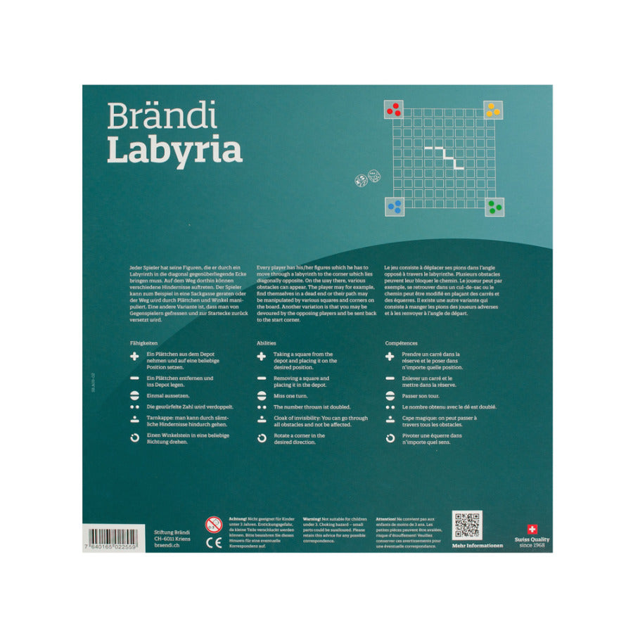 Brändi Labyria Verpackung Rückseite - Produktinformationen mit Spielanleitung Fähigkeiten und Spielregeln für 2-4 Spieler - Swiss Quality 3D Labyrinth Brettspiel braendi.ch
