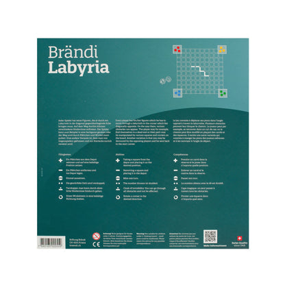 Brändi Labyria Verpackung Rückseite - Produktinformationen mit Spielanleitung Fähigkeiten und Spielregeln für 2-4 Spieler - Swiss Quality 3D Labyrinth Brettspiel braendi.ch