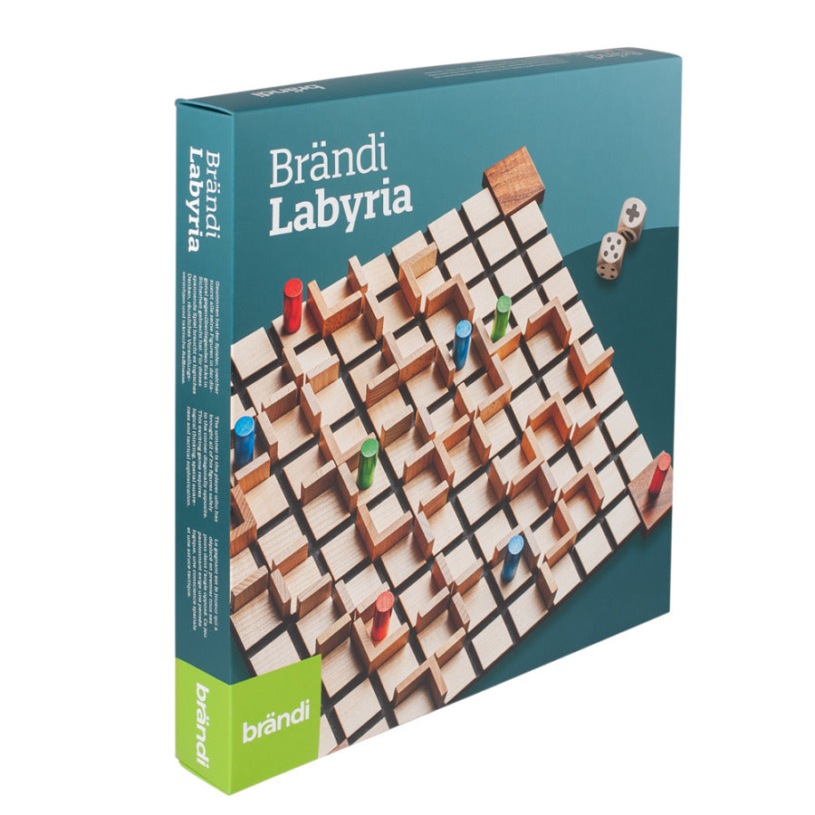 Brändi Labyria Verpackung Vorderseite - Originalverpackung 3D Labyrinth Brettspiel türkis-grün mit Spielbrett-Abbildung - Swiss Quality Strategiespiel seit 1968