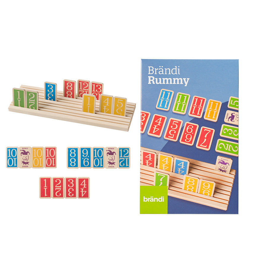 Brändi Rummy komplett mit Verpackung - Holz Zahlenspiel Set mit Spielsteinen, Ablagen und Originalverpackung blau-grün - Schweizer Gesellschaftsspiel Swiss Made