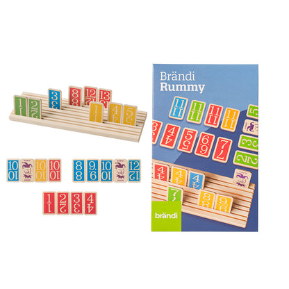 Brändi Rummy komplett mit Verpackung - Holz Zahlenspiel Set mit Spielsteinen, Ablagen und Originalverpackung blau-grün - Schweizer Gesellschaftsspiel Swiss Made