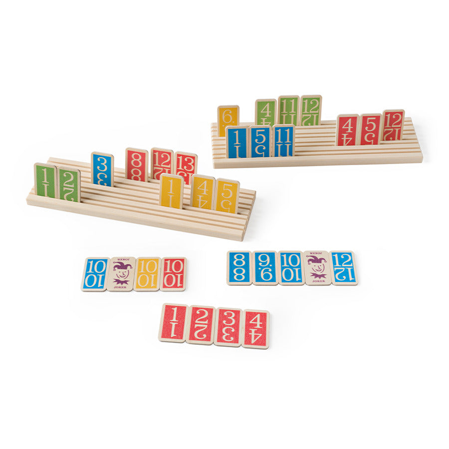 Brändi Rummy Zahlenspiel Holz - Spielsteine mit bunten Zahlen 1-13, Joker und Holzablagen - Schweizer Familienspiel für 2-4 Spieler Swiss Made