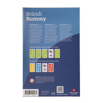Brändi Rummy Verpackung Rückseite - Produktinformationen mit Spielanleitung Reihen und Gruppen für 2-4 Spieler - Swiss Quality Zahlenspiel braendi.ch